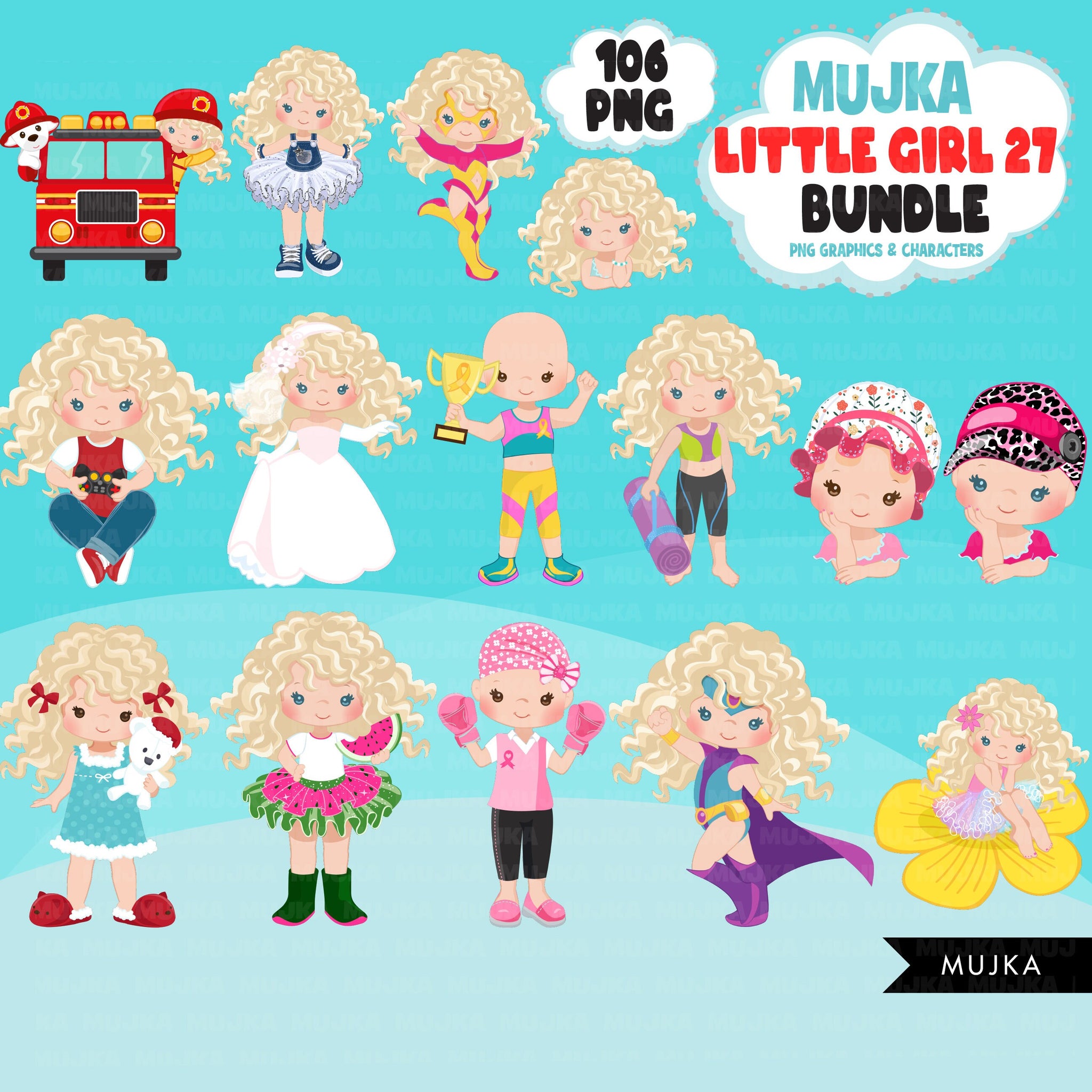 Cute girl png Bundle, curly little girl art, little girl clipart, digital stickers, birthday graphics, cute girl bundle, planner stickers