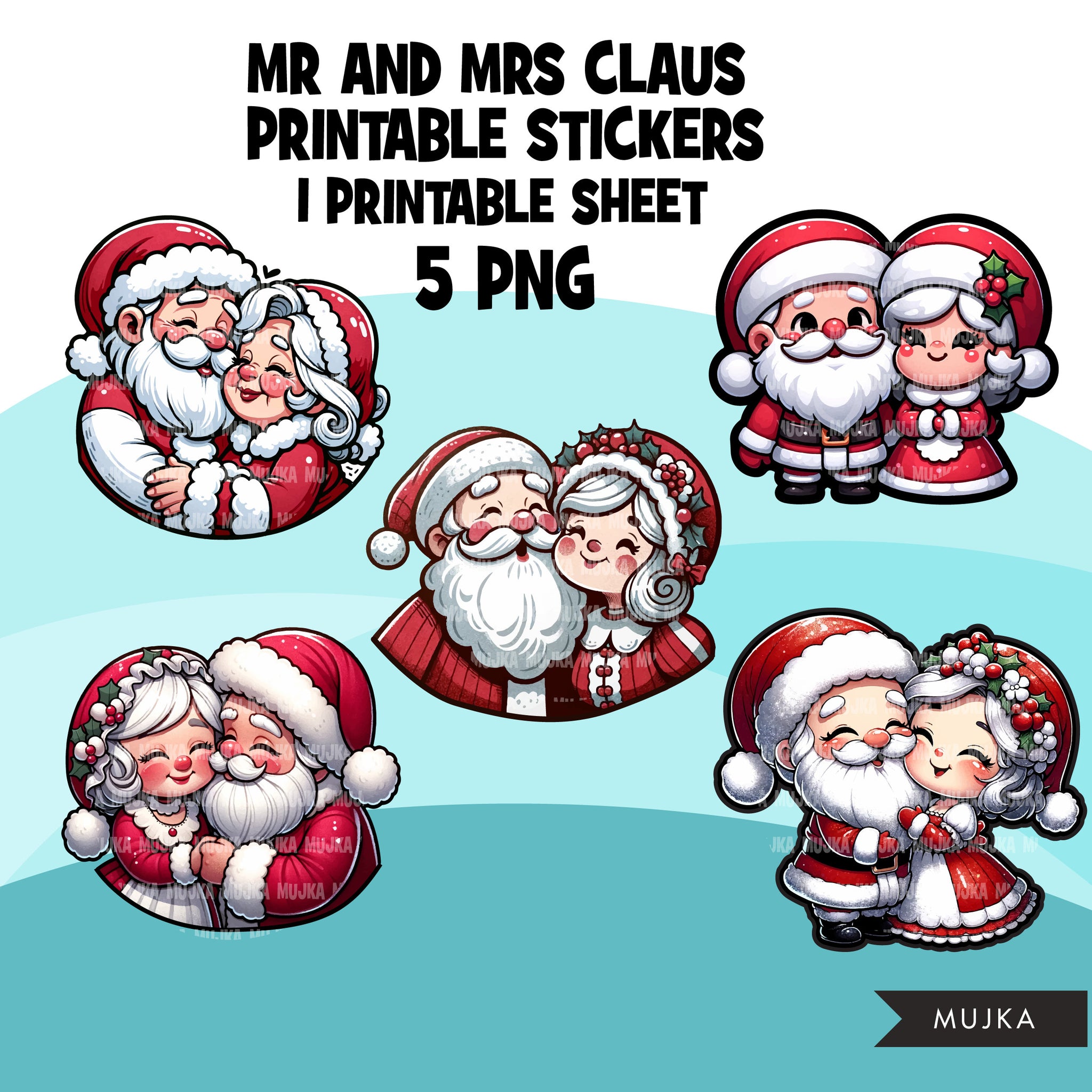 Santa Christmas Stickers, printable Christmas labels, Mrs Claus digital digital stickers, Santa clipart, Santa PNG, Mr Claus cute Kwaii art