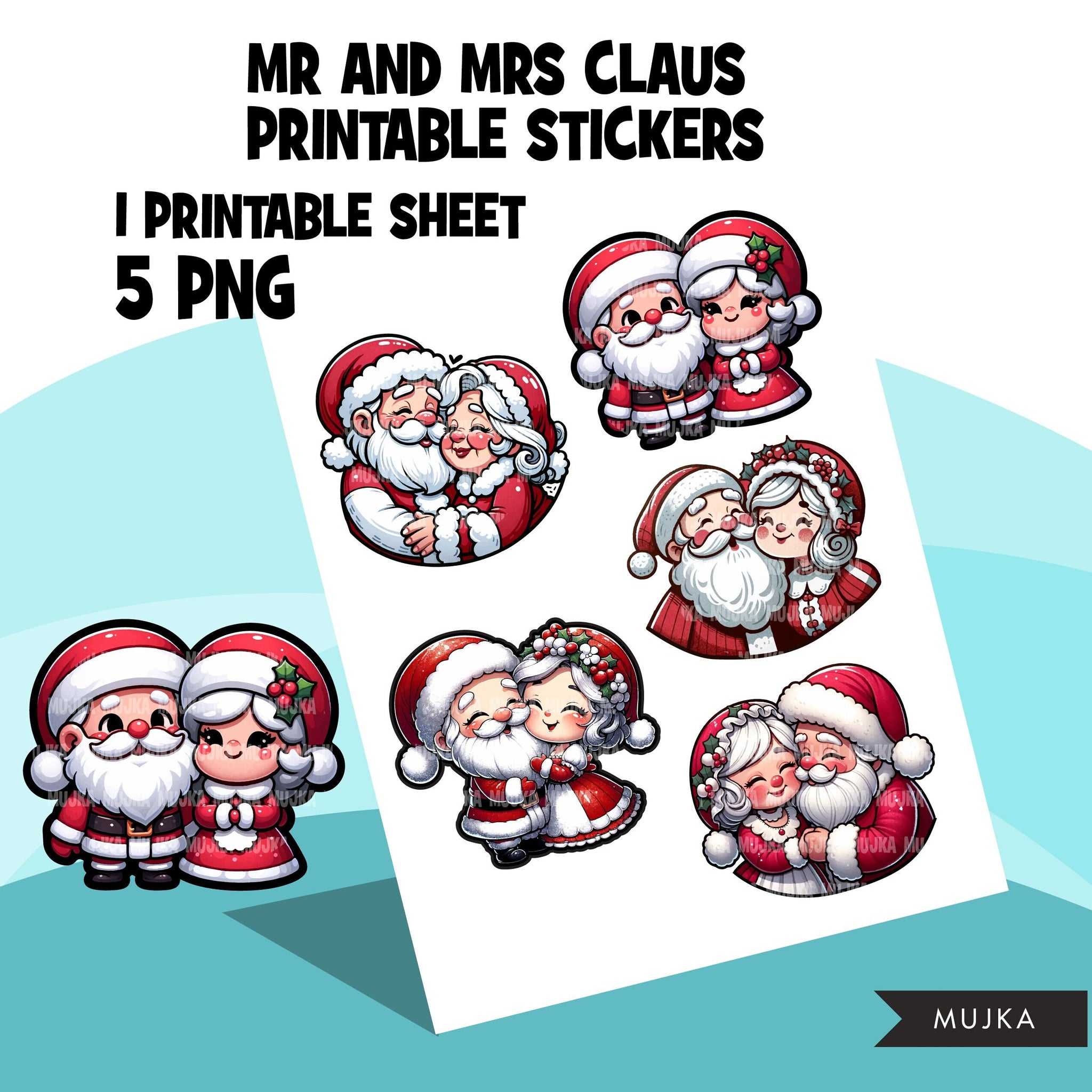 Santa Christmas Stickers, printable Christmas labels, Mrs Claus digital digital stickers, Santa clipart, Santa PNG, Mr Claus cute Kwaii art