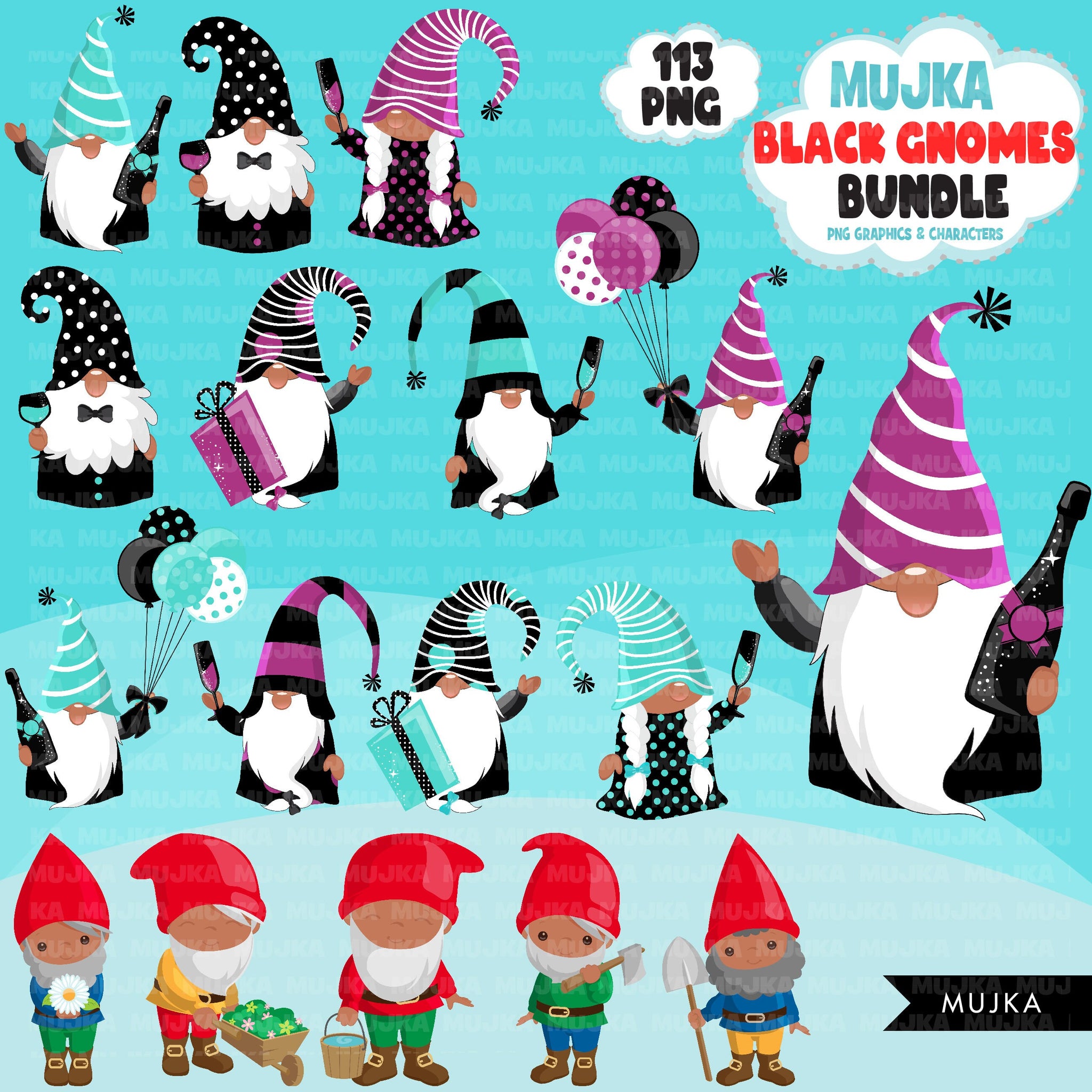 Black Gnomes Clipart Bundle, Easter, St Patrick's Day, School. Halloween African American gnome graphics Sublimation Designs PNG clip art