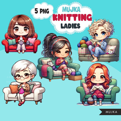 Knitting PNG clipart, Cute knitting girls art, Knitting sublimation designs, logo design, hobby graphics, knitting digital download stickers