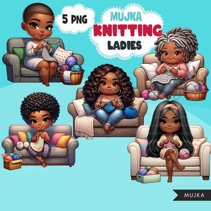 Knitting PNG clipart, Cute Black Latina knitting girls art, Knitting sublimation designs, logo design, hobby digital download stickers