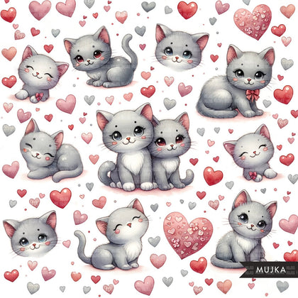 Cat backgrounds for Valentines Day, digital papers, cat sublimation designs, cat patterns, digital cat prints, cat craft papers, png files