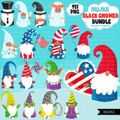 Black Gnomes Clipart Bundle, Easter, St Patrick's Day, School. Halloween African American gnome graphics Sublimation Designs PNG clip art