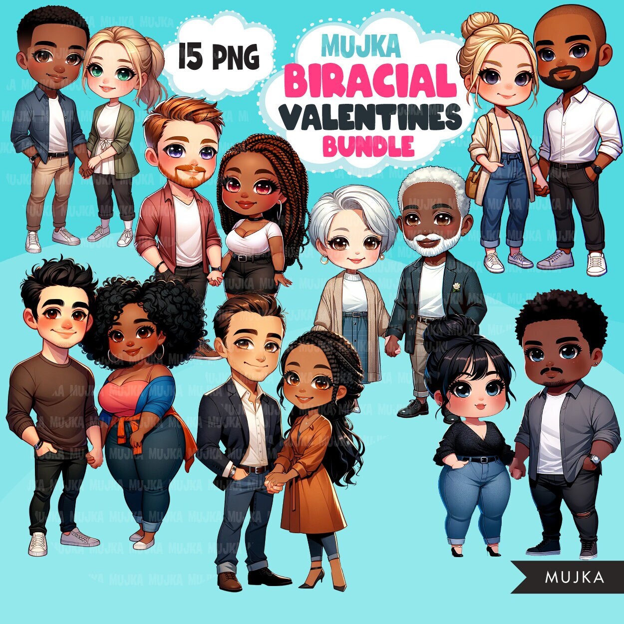 Biracial Couples Valentines PNG Bundle, Biracial Clipart Sublimation designs, Chibi Art Illustrations, Digital download, planner stickers