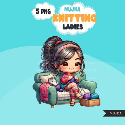 Knitting PNG clipart, Cute knitting girls art, Knitting sublimation designs, logo design, hobby graphics, knitting digital download stickers
