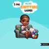 Knitting PNG clipart, Cute Black Latina knitting girls art, Knitting sublimation designs, logo design, hobby digital download stickers