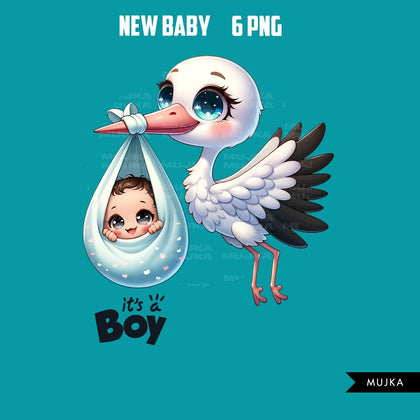 Novo bebê PNG clipart, chá de bebê de cegonha, ilustrações de recém-nascidos, é um menino, é uma menina, gráficos de bebê preto, adesivos de bebê, imprimíveis