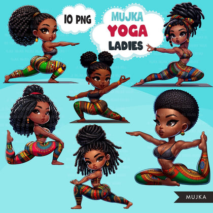 Yoga PNG Clipart, Black Yoga illustrations, yoga poses, afro workout graphics, yoga printables, yoga stickers, yoga digital designs,