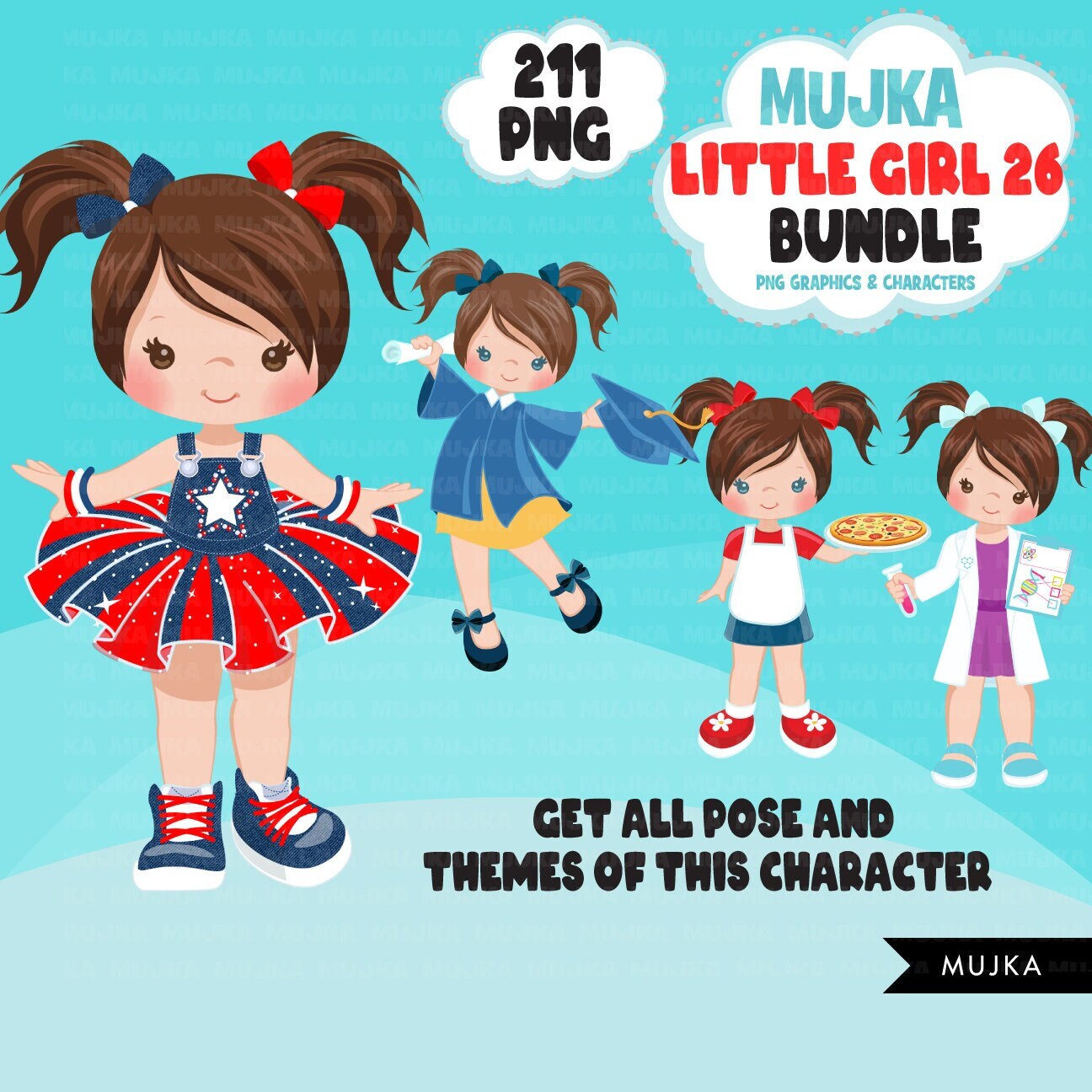 Cute girl png Bundle, Brunette pigtails little girl art, little girl digital stickers, birthday graphics, cute girl bundle, planner stickers