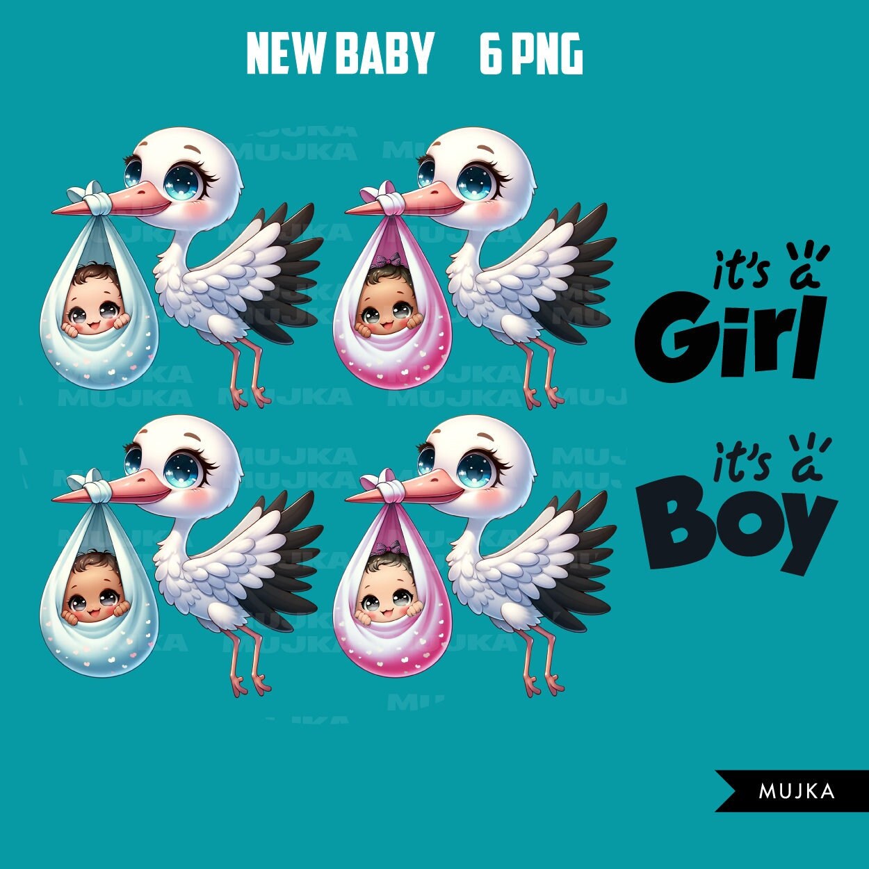 New Baby PNG Clipart, stork baby shower, Newborn illustrations, it's a boy, it's a girl, black baby graphics, baby stickers, printables