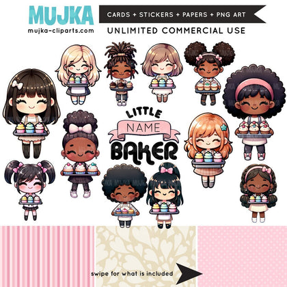 Cupcake Baking PNG Clipart Bundle, Little girl Sublimation designs, Chibi Art Digital download, planner stickers, baking party graphics