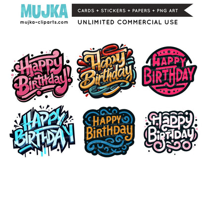 Happy Birthday PNG Bundle, Birthday Cake topper, Happy birthday Clipart, digital download sublimation, birthday t-shirt and Card Design