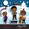 Dia de neve Clipart Menino negro afro-americano na temporada de inverno