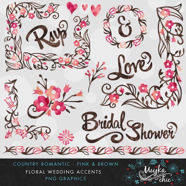 Country Wedding Pink & Brown Florals Clipart