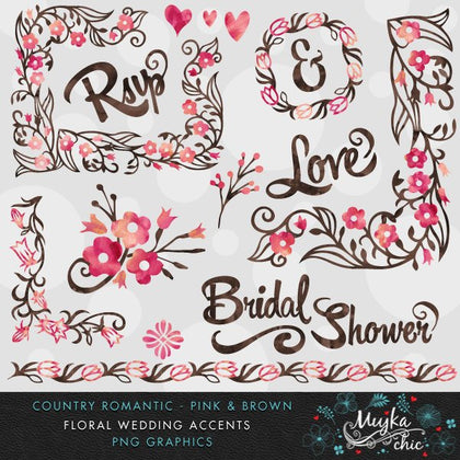 Country Wedding Pink & Brown Florals Clipart