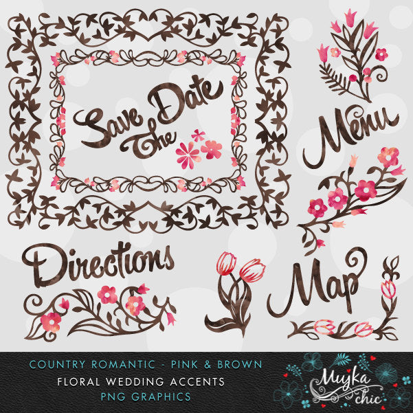 Country Wedding Pink & Brown Florals Clipart