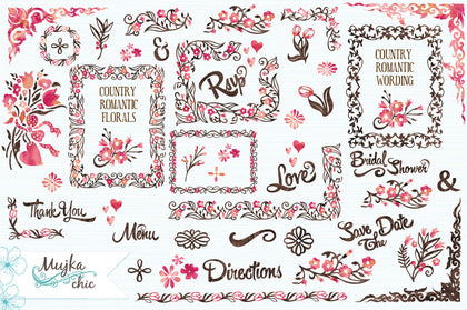 Country Wedding Pink & Brown Florals Clipart