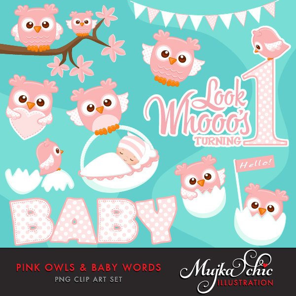 Clipart de búhos rosados ​​con texto de bebé, animal