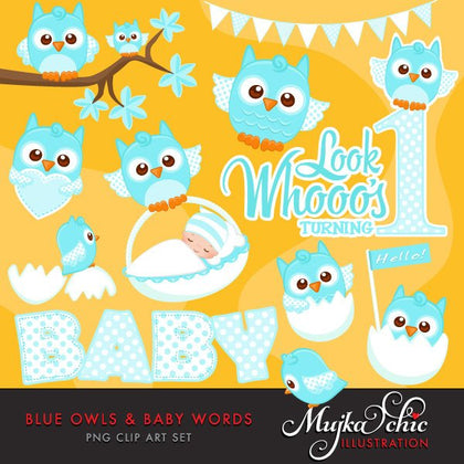 Blue Owls Animal Clipart with Baby Wording