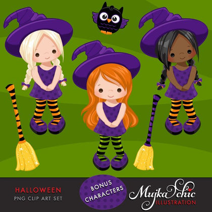 Halloween Clipart with cute witches, girls