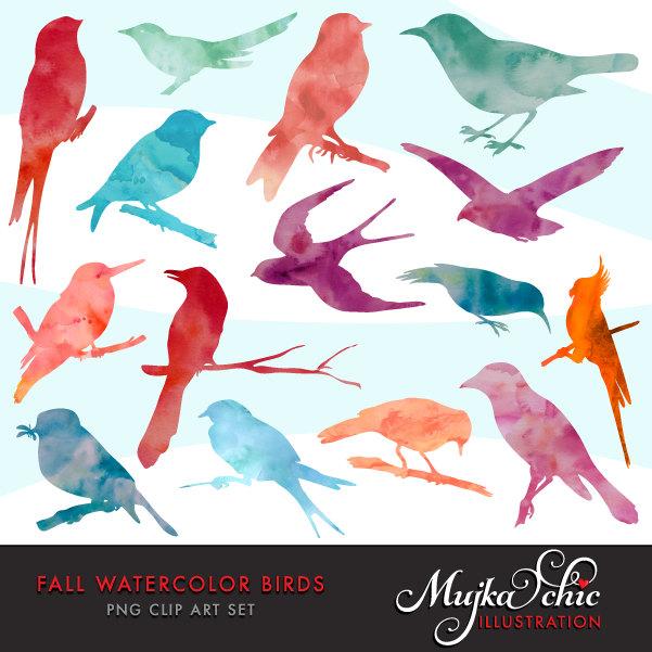 Free Fall Watercolor Bird Silhouettes Clipart. Animal graphic