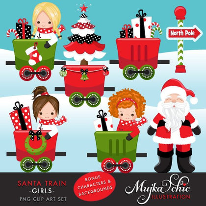 Christmas Santa Train Girl Clipart