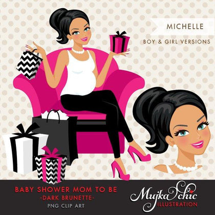 Brunette Pregnant Woman Character Design with gift boxes Clipart. Baby Shower Party Invitation Character