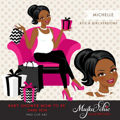 Black Pregnant Woman Character Design with gift box Clipart. Baby Shower Party Invitation Character