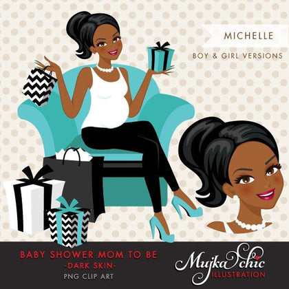 Black Pregnant Woman Character Design with gift box Clipart. Baby Shower Party Invitation Character