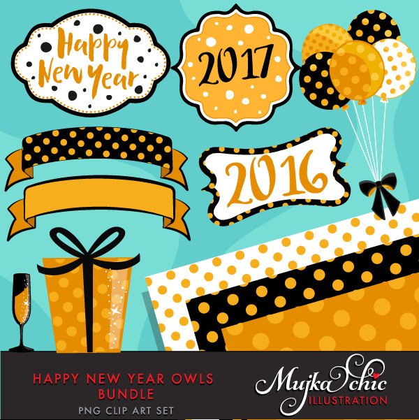 Happy New Year Owls Bundle, cute animal