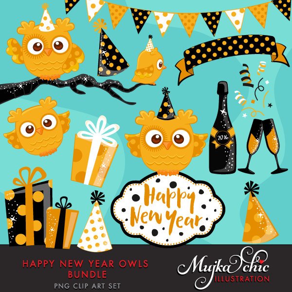 Happy New Year Owls Bundle, cute animal