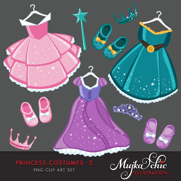 Princess dress Clipart with cute matching dress up accessories MUJKA CLIPARTS Princess dress Clipart with cute matching dress up accessories MUJKA CLIPARTS