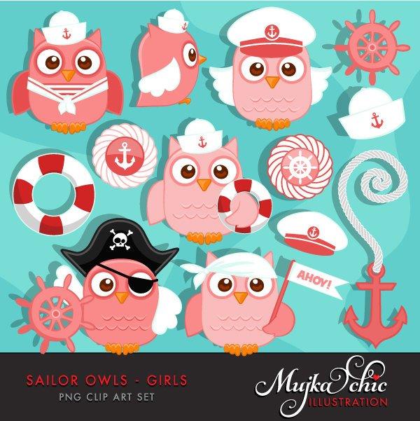 Cute Sailor Owls Girls, Animal Clipart