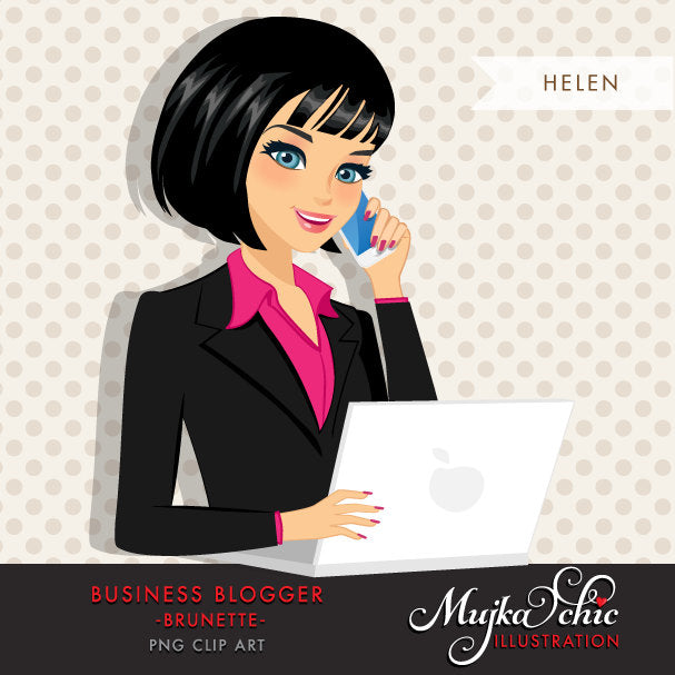 Dark Brunette Blogger Character in Business outfit with laptop and mobile