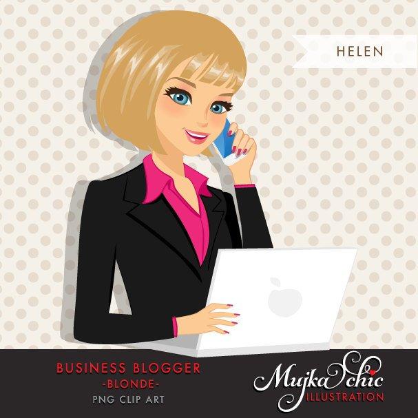 Blonde Blogger Character avatar in Business outfit with laptop and mobile