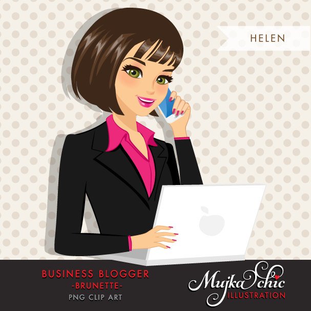 Brunette Blogger Character in Business outfit with laptop and mobile