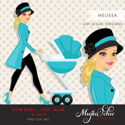 Blonde Chic Mom Character walking with baby carriage. Baby Shower Party Invitation Character
