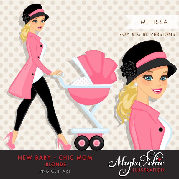 Blonde Chic Mom Character walking with baby carriage. Baby Shower Party Invitation Character