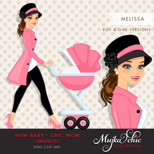 Brunette Chic Mom Character walking with baby carriage. Baby Shower Party Invitation Character