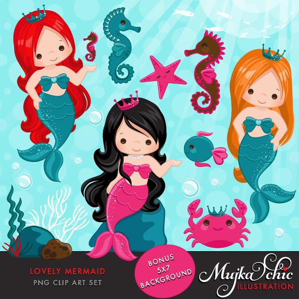 Little Mermaids clipart Bundle. Rainbow mermaid graphics. Undersea, coral, starfish, fish, seahorse Girls