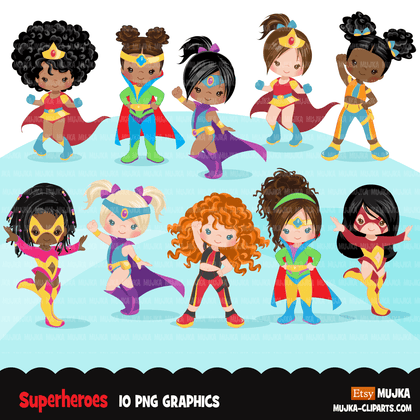 Superhero clipart, supergirl hero sublimation graphics, black girls birthday party, afro girl PNG clip art