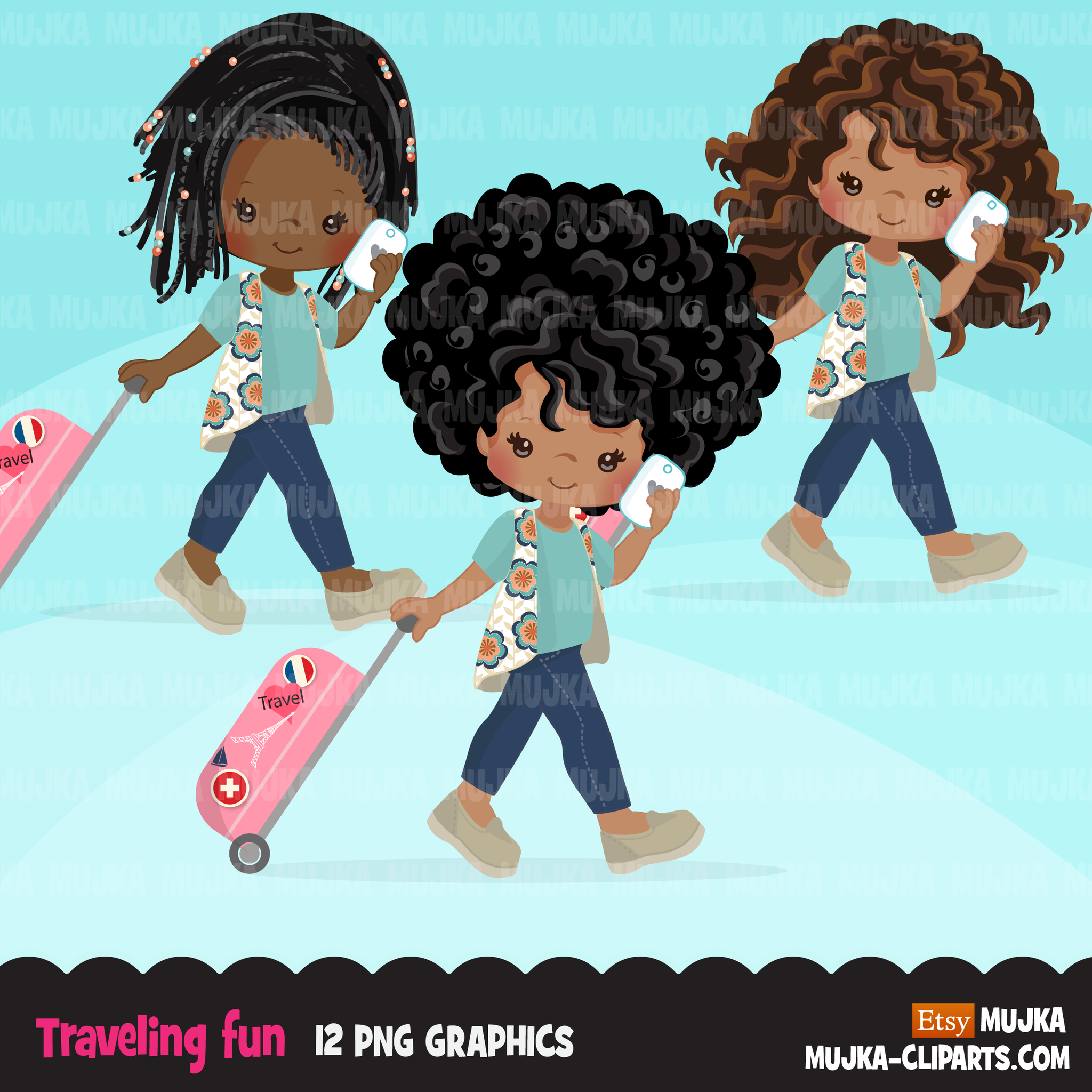 Travel clipart, vacation sublimation designs digital download, passport girls, black girls with suitcase, png holiday graphics